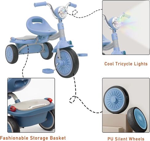 Foldable Baby Tricycle, Toddler Trike with Pedals, Cool Lights, Durable Wheels, Comfortable Seat, Tricycle for Toddlers 1-5 Years Old Girls, Boys (Blue) in Kuwait