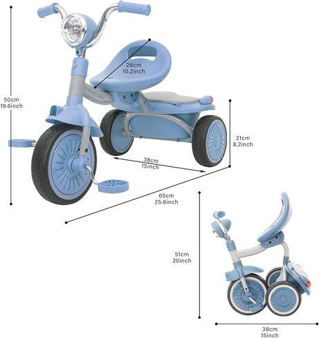 Foldable Baby Tricycle, Toddler Trike with Pedals, Cool Lights, Durable Wheels, Comfortable Seat, Tricycle for Toddlers 1-5 Years Old Girls, Boys (Blue) in Kuwait
