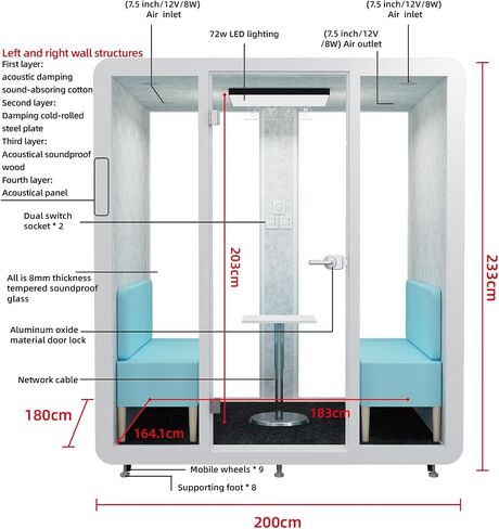 كشك Office Pod Office Gearonic ، Pod Office Bod مع أسطوانة متنقلة ، مساحة أكبر لـ 4-6 أشخاص ، نظام إضاءة LED ، المعجبين ومنافذ USB AC in Kuwait