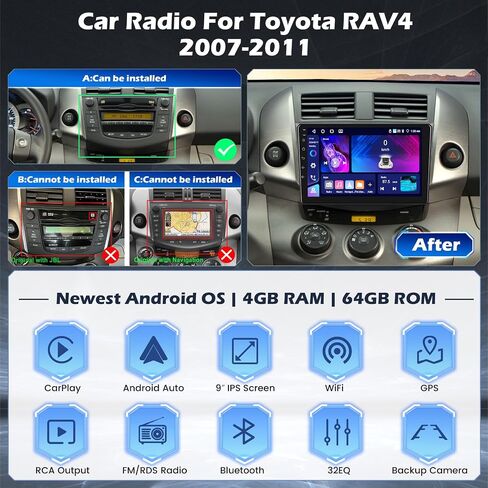Hikity 2+64GB Android 13 Radio Wireless Apple Carplay for 2007-2012 Toyota RAV4, 9 Inch Touch Screen RAV4 Stereo with Android Auto, HiFi, Bluetooth, GPS, WiFi, Mirror Link, SWC, MIC, Backup Camera in Saudi Arabia