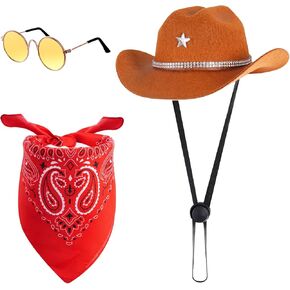 Cowboy Costume Set for Dogs Cat Pet Mini Cowboy Hat Sunglasses with Bandana for Halloween Holiday Party Cosplay (Brown)