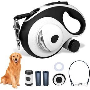 Upgraded 4in1 16 ft Retractable Dog Leash with LED Light, Dispenser and Poop Bag, Heavy Duty Leash for Medium to Large Dogs up to 110 lb, Sturdy Nylon Straps, 360° anti-tangling, One Hand Brake(White)