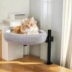 Cat Desk Bed for Indoor Cats - Adjustable Height & 360° Rotating Sturdy Cat Furniture, Supports 44 lbs, Space-Saving Modern Perch/Nest for Home Office, Easy Assembly Elevated Pet Bed