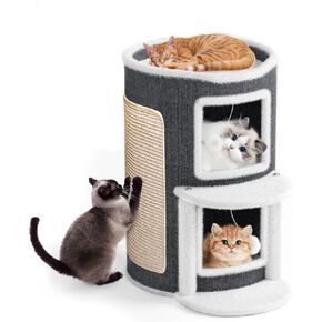 Cat Beds for Indoor,Large Cats Cave,Pet House with Fluffy Ball Hanging and Scratch Pad, Hideaway,15.75X15.75X35.43INCH