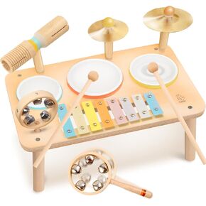 OATHX Wooden Musical Instrument Set for Toddlers - Montessori Toy for Boys Girls Ages 1-5, Birthday Gift & Early Learning Toy - Music Education Set with Drums, Xylophone, Bell, Cymbals & Tone Block