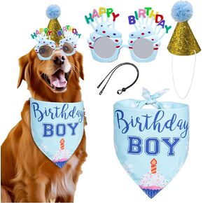 Dog Birthday Party Supplies Set - Happy Birthday Bandana, Pet Party Hat with Fixed Rope, Dog Birthday Glasses - Complete Decorations for Your Pup's Celebration(Blue)
