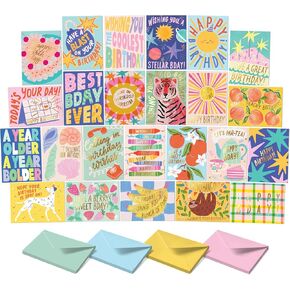 S&O Box of Birthday Cards with Envelopes - Bulk 24 Unique Happy Day Notes - Colorful Birthday Decor Bulk for Office & Home - Assorted Party Cards with Envelopes - 4x5.5"