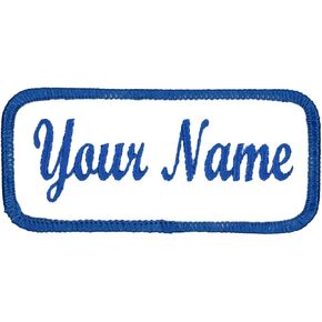 Name Patch Uniform Work Shirt Personalized Embroidered White with Blue Border. Sew on.