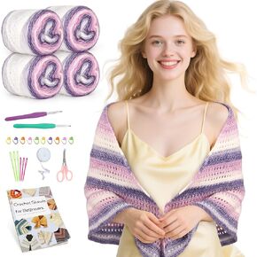 Katech Shawl Crochet Kit for Beginners-Crochet Kit for Adults Kids Learn to Crochet Shawl, Beginner Knitting Kit w/Step-by-Step Tutorials Gradient Cake Yarn-Handmade Gifts(+10% Enough Yarn)