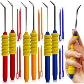 UCDRMA Knitting Loom Hook with Soft Grip, More Comfortable Loom Knitting Hook for Arthritic Hands, 6PCS Longer Loom Crochet Hooks (5.5in) Stainless Steel Yarn Loom Hooks with 12 Sewing Needles