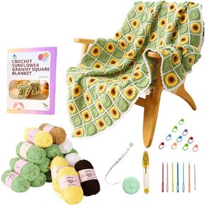 CSWCS Crochet Blanket Kit for Beginners, Sunflower Granny Square Crochet Blanket Kit for Adults, Easy Learn How to Knitting with Yarn Accessories Book & Video Tutorials for Starter (39" x 31")