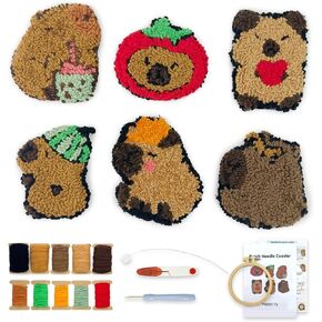 6pcs Capybara Punch Needle Coasters Kit for Beginners, Easy Art Work Embroidery Kit Latch Hook Kits for Adults, DIY Rug tufting kit with Adhesive Felt Yarns Hoop Instruction