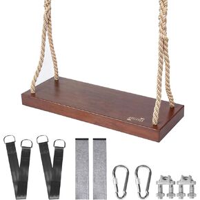 Outdoor Wood Hanging Seat, 22" x 8" x 2" Cedar Wooden Tree Swing for Adults & Kids, 440 lb Capacity, Adjustable 5-7 ft Rope, Classic Heavy Duty Tree Swing for Backyard & Porch