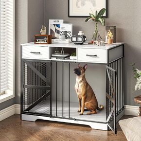 Dog Crate Furniture, 44" Large Dog Kennel Furniture Indoor, Metal XL Dog Cage for Large/Medium Dogs, Wooden Heavy Duty Decorative Dog Crate End Table Pet House with 2 Drawers, Chew-Resistant