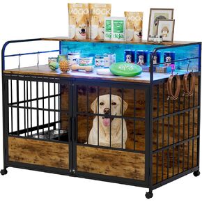 WARCAT Large Furniture Dog Crate, Heavy Duty Dog Crate, Dog Kennel Indoor, Wood Dog Cage Table with Adjustable Lighting Color, Sturdy Metal, 44" L×26" W×37" H, Brown
