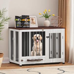 39.4" Dog Crate Furniture - Wooden Dog Kennel Indoor with 360° Rotating Feeder & Removable Tray | Sturdy End Table for Medium & Large Dogs | Easy Assembly, White Dog Cage for Living Room