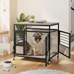 DWVO Dog Crate Furniture, 31.5 Inch Dog Kennel Indoor Furniture with Double Doors, End Table Cage for Large Dogs, Modern Decorative Cage Wooden Dogs Crate Furniture with Wheels, Grey