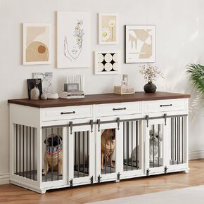 Dog Crate Furniture - Indoor Wooden Dog Kennel Crate Furniture with 3 Lockable Sliding Barn Doors, 2 Dividers, 3 Drawers - 72"" x23.6""x31.5""H, White
