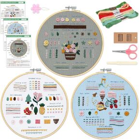 Embroidery Kit for Adults Beginners, Easy to Learn 29 Embroidery Stitches Practice DIY Cross Stitch Starter Kit for Beginners, Includes Stamped Flower Pattern, Hoop, Color Threads,Tools