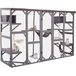 Aivituvin Catio Outdoor Cat Enclosure Window Box Wall Mounted Wooden Cat House Playground with Scratching Posts, Baskets, Resting House, Shelves and Bridge for Multiple Kitties,104" x 34" x 69.5"