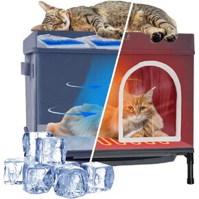 Cooling Cat House - Dual Use Cat Bed with Heated Pad & Fan - Foldable Long Lasting Coolness Air Condition Cat Mat with 10 Ice Packs - All Seasons in Hot Summer & Cold Winter - Easy Clean and Assemble
