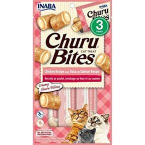 INABA Churu Bites for Cats, Grain-Free, Soft/Chewy Baked Chicken Wrapped Cat Treats with Savory Churu Centers, 0.35 Ounces Each Tube|3 Tubes Total, Tuna with Salmon Recipe