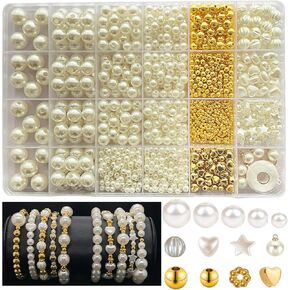 1338PCS Pearl Beads for Bracelets, 5 Size Round Pearl Beads Bulk for Jewelry Making Gold Spacer Star Heart Charms Friendship Bracelets Making Kit for Necklaces Earrings DIY Crafts