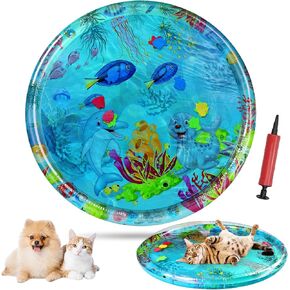 Pet Water Bed, 40in Large Dog Water Bed, Thickened Cat Water Mat with Fish, Washable Inflatable Playmat Cooling Mat with Inflator for Indoor Pets
