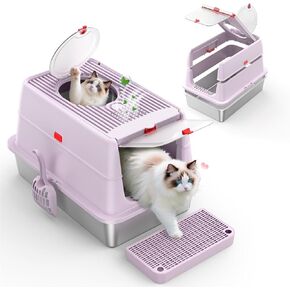 Stainless Steel Cat Litter Box with Lid, 180° Flip Top Kitty Litterbox, XL High Sided Enclosure Litter Pan for Big Cats, Front & Top Entry, Anti-Leakage, Odor-Free, Easy Clean, Includes Scoop Mat