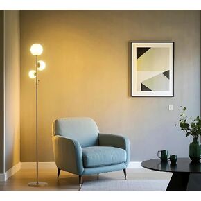 Fiqevs 3 Globe Mid Century Modern Floor Lamp for Living Room, Gold Standing Lamp with Frosted Glass Shade and 3x2700K Warm LED Bulbs, Vintage Retro Tall Lamps for Bedrooms, Office - Antique Brass