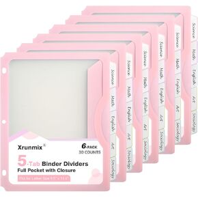 5-Tab Dividers with One Full Pocket, 5 Counts Binder Dividers, 8.5 x 11'' Dividers for 3 Ring Binder 1''/2'' Recipe Binder Dividers with 5 Tabs for Back to School, Pastel Color (1)