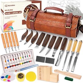 Wood Carving Kit, 50Pcs Wood Carving Tools with 4 Style Templates & 2 Finish Supplies, Wood Whittling Kit with 3 Style Knives & 6pcs Basswood Blocks for DIY and Carving Beginners