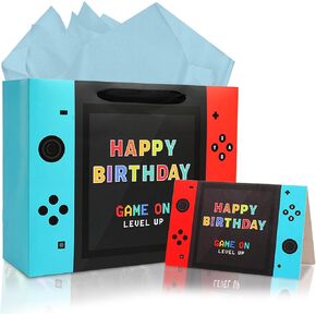 JOARHONAL Video Game Birthday Gift Bag - 13" Large Happy Birthday Gift Bag with Tissue Paper and Card for Boys Kids Video Game Birthday Party Supplies