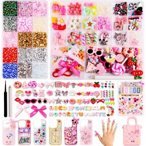 EIiovcnya 9980 Pcs Junk Case Charms for Junk Cases,DIY Phone Case Kit with Shiny Resin Rhinestones, Big Bows, Hearts, Flowers, Candies, Garbage Beads,Nail Charms.