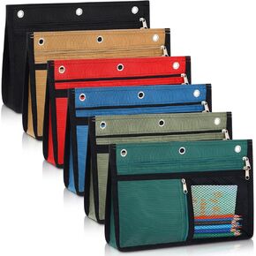 Lincia 6 Pack Pencil Pouch for 3 Ring Binder, Expandable Binder Pouches with Zipper Bulk, Large Capacity 3-holes Cloth Pen Holder Case with Clear Window for Office College Supplies
