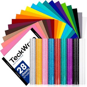 TECKWRAP HTV Vinyl Bundle Heat Transfer Vinyl 12"x10" - 28 Assorted Colors Iron on Vinyl Pack Includes 19 Sheets PU Vinyl & 9 Sheets Glitter Vinyl, Heat Press Design for DIY T-Shirts and other Fabrics