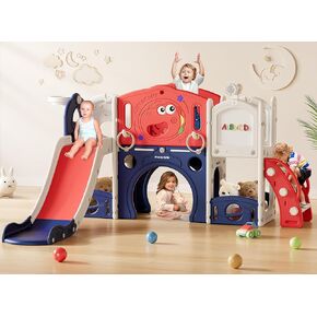 9 in 1 Toddler Slide, Toddler Playset New Upgrade with Slide, Drawing Board, Basketball Hoop, Telescope and Storage Space, Outdoor Indoor Playground for Toddlers (Yellow Blue)