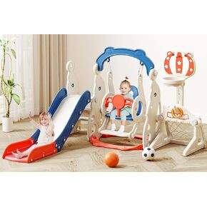 67i Toddler Slide and Swing Set - Outdoor Multi-Activity Playset for Ages 1-3, Safe Slide Design with Adjustable Swings & Basketball Hoop, Space-Saving Indoor Playground (Blue, with Football)