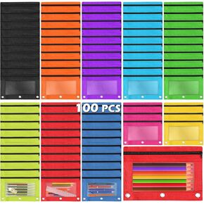 Pencil Pouch for 3 Ring Binder, 50 Piece Bulk 3 Holes Zipper Pencil Pouches in 5 Assorted Colors, Clear Durable Pencil Case for School, Classroom, Office Supplies