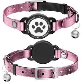 Leather Airtag Cat Collar - Waterproof Cat Collar AirTag Holder with Metal Buckle | Comfortable, Glossy Cats Tracker Collars with Bell for Girl Boy Cats, Kittens, and Puppies (Rose Gold) in Kuwait