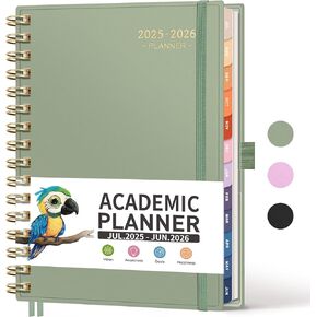 RETTACY Academic Planner 2025-2026, Weekly and Monthly, Medium Size (5.7" x 8.3"), July 2025 - June 2026, for Women, Teacher, Student, School, 12-Month Tabs, Flexible Plastic Cover (Light Green)
