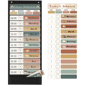 Daily Schedule Pocket Chart for Kids Management, 13+1 Pockets with 30 Cards Visual Time Reusable Dry-Eraser Schedule, Teacher Supplies for Boho Classroom Homeschool Decor