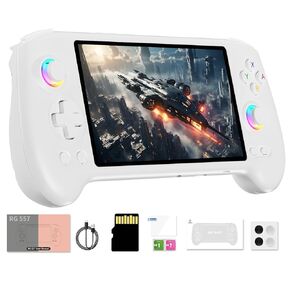 RG557 Retro Handheld Game Console , 5.48 Inch AMOLED Screen Handheld Emulator Preloaded 4423 Games Android 14 System Dimensity 8300 Processor Support WiFi 6E Bluetooth 5.3(Transparent Purple)