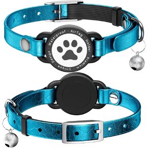 Leather Airtag Cat Collar - Waterproof Cat Collar AirTag Holder with Metal Buckle | Comfortable, Glossy Cats Tracker Collars with Bell for Girl Boy Cats, Kittens, and Puppies (Rose Gold)