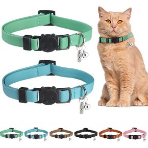 Upgrade Breakaway Cat Collar with Bells, Soft Leather Kitten Collars with Name Tag,Safety Adjustable Buckle,Lightweight,Ideal for Girl Boy Cats, Green+Blue