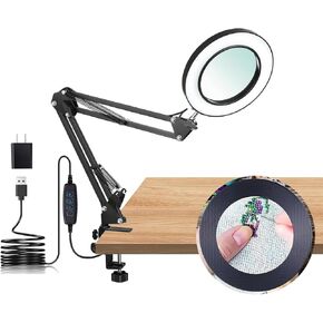 Magnifying Glass with Light, 360 Rotatable Magnifying Glass Lens, Changeable Color & Brightness Lighted Magnifier with Glass for Close Work, Soldering, Craft, Sewing, Painting.
