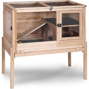 GUTINNEEN Guinea Pig Cages with Anti Chewing Edges and Cool Zinc Plate, Indoor Rabbit Hutch with Hideout and PVC Platform, Elevated Legs Hamster Cage 36.6" L (Nature)