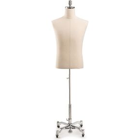 Male Display Dress Form Mannequin in Natural Canvas on Metal Rolling Base by TSC-Medium-Chrome