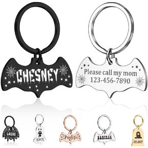 Bat Dog Tag, Halloween Personalized Dog Tags for Pets, Customized Pet ID Tag for Black Cat, Witch Friendly Cat Tags, Funny Spooky Dog Name Tag, Stainless Steel Dog ID Tag Engraved on Both Sides