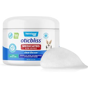 Vetnique Oticbliss Medicated Ear Wipes – Cat & Dog Ear Wipes with Hydrocortisone & Salicylic Acid for Cleaning & Odor Control – 50ct